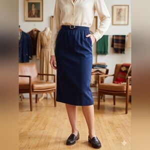 100% Wool Vintage Pendleton  Navy Midi Skirt - Size 8 - Made in USA
